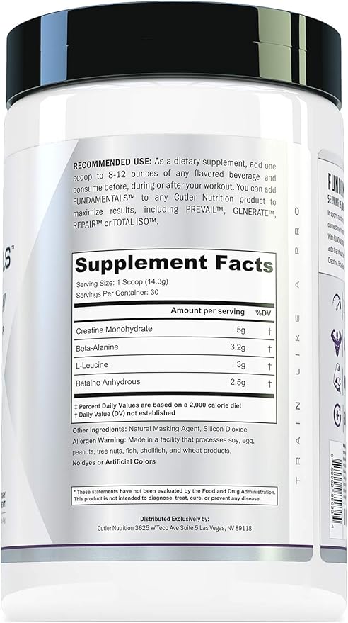 Fundamentals Intra or Post Workout Recovery Drink: 4 Key Ergogenic Aids for Maximum Performance and Muscle Growth: Creatine, Beta-Alanine, Betaine, and Leucine, 30 Servings, Unflavored