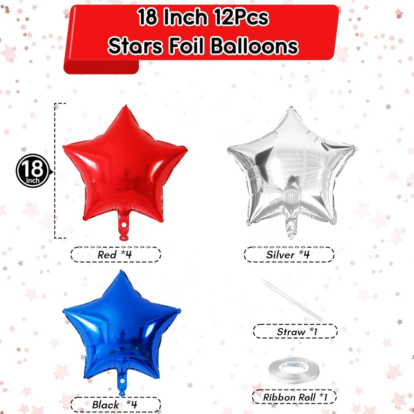 Blue Red Star Balloons, 18 Inch 12Pcs Navy Blue Red and Metallic Silver Stars Shape Foil Balloons, Helium Pentagram Balloon for Kids Cartoon Birthdays Graduation Baseball 4th of July Independence Day