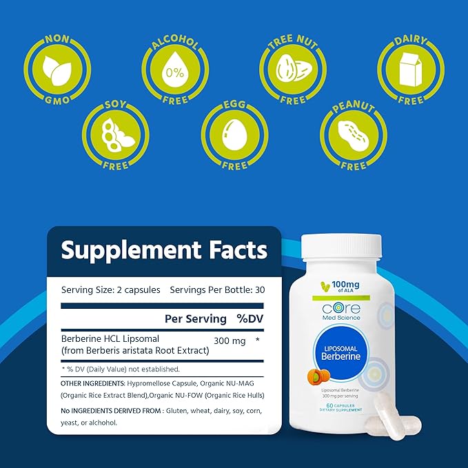 Core Med Science Liposomal Berberine Supplement, 300mg (60 Count) - Berberine HCL Extract Capsules Support Liver & Heart Health - Non-GMO, Gluten-Free, Wheat-Free, & Dairy-Free Vegetarian Capsules