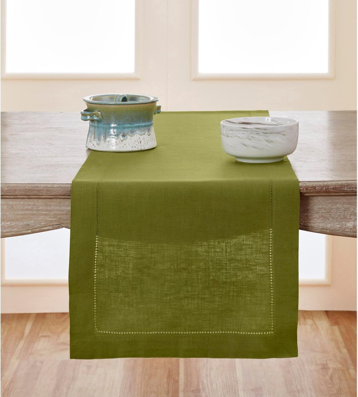Solino Home Linen Avocado Green Hemstitch Table Runner 48 Inches - 100% Pure Linen Small Table Runner 14 x 48 Inch Ideal for Dresser and Coffee Tables - Classic Hemstitch - Fall, Autumn, Thanksgiving