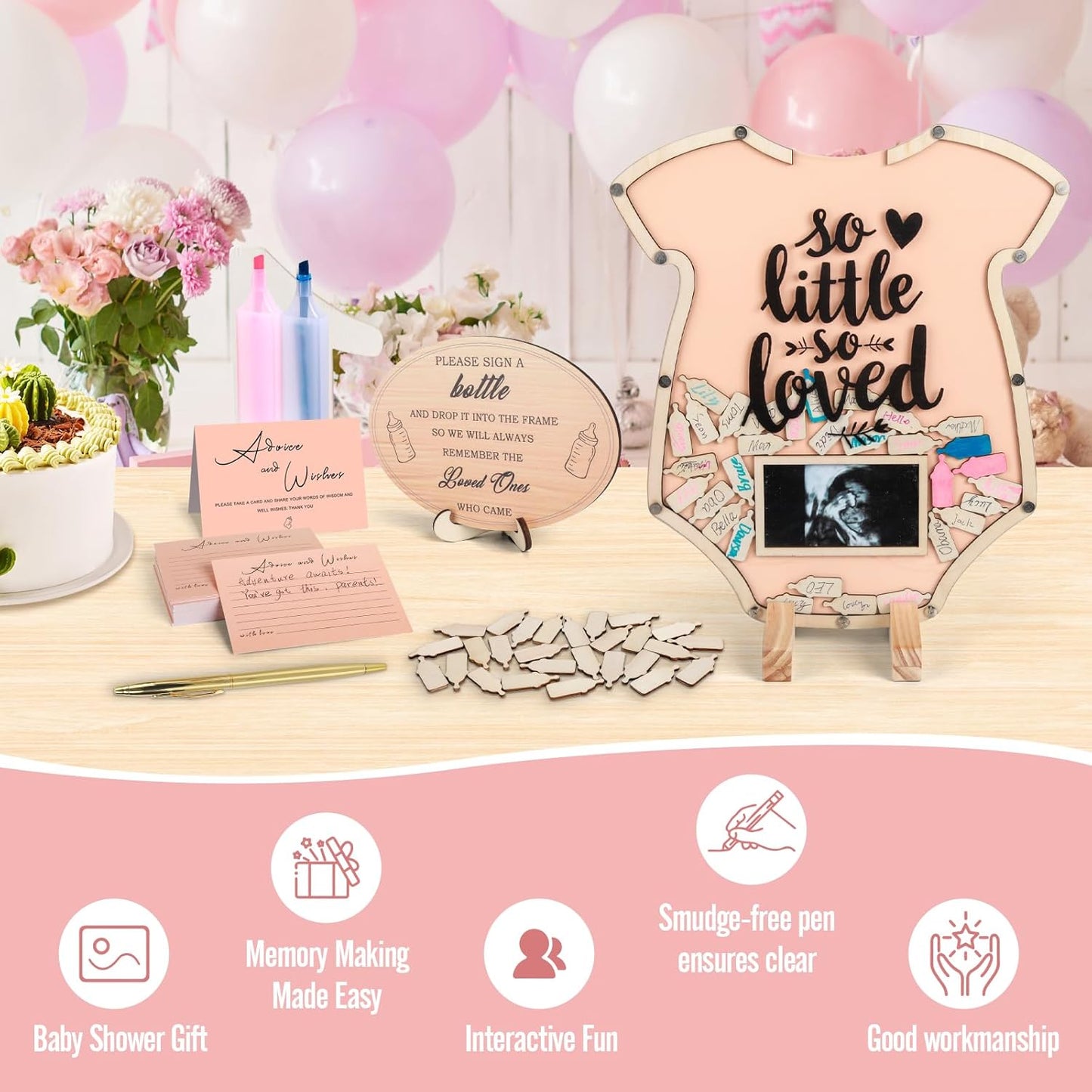 60Pcs Baby Shower Guest Book - Cute Onesie Shaped Baby in Bloom Baby Shower Guest Book Alternatives with Sonogram Frame Advice & Wishes Cards for Keepsake, Birthday, Gender Reveal (Baby in Bloom)