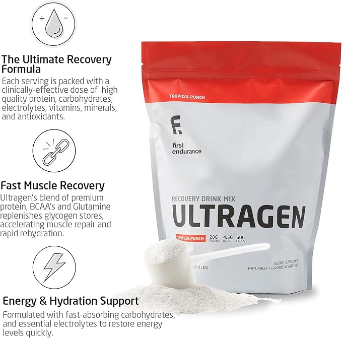 FIRST ENDURANCE Ultragen Workout Recovery Drink Powder, Protein Mix, Boosts Energy, Accelerates Recovery | Tropical Punch, 15 Servings