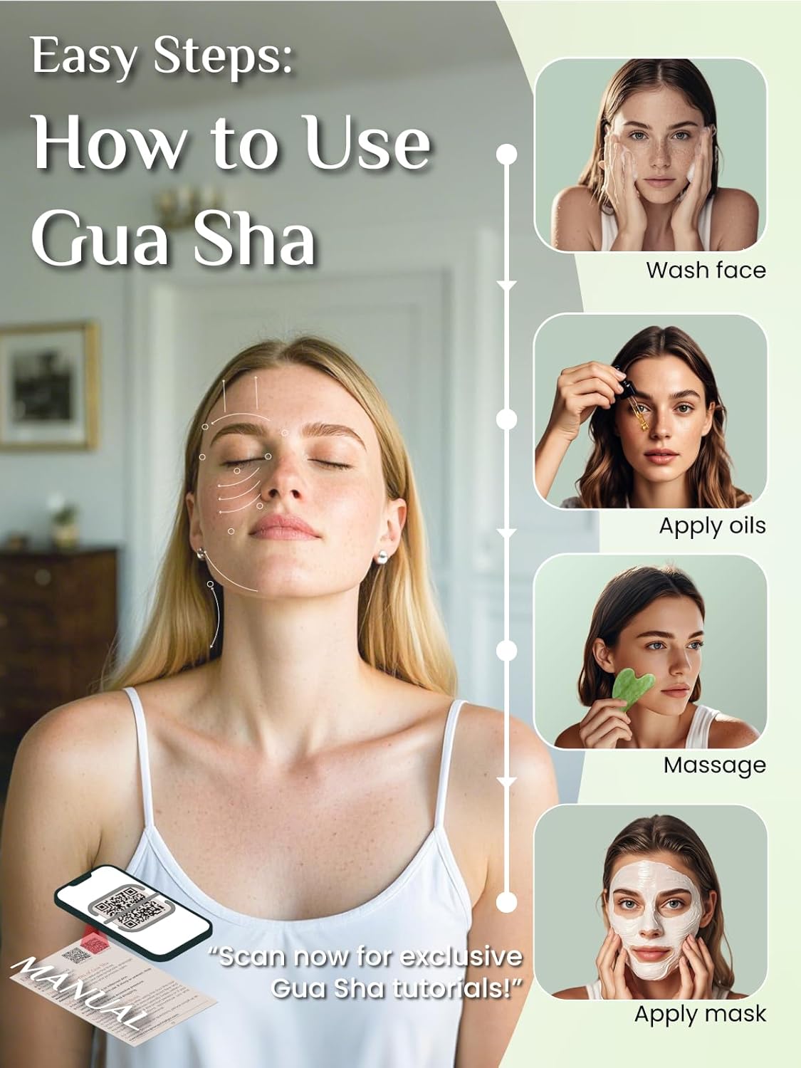 Rena Chris Gua Sha Facial Tools, Xiuyan Jade Stone Guasha Tool for Face Massage, Manual Facial Massager Tool for Jawline Sculpting and Puffiness Reduction with Silicone Case (Green)