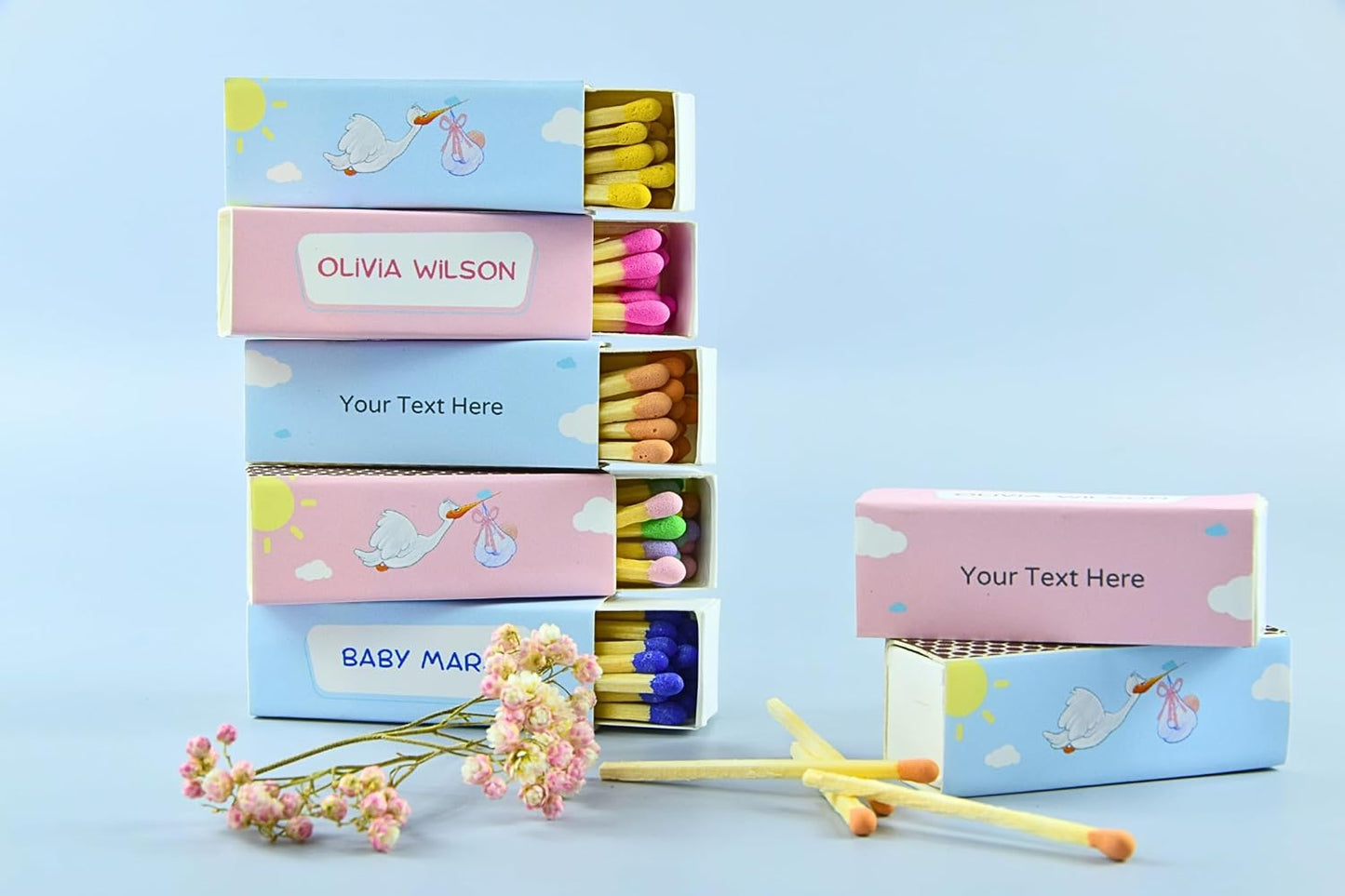 Customizable Baby Shower Matchboxes – Set of 10 – Cute Baby Design – Colorful Matchsticks – Perfect for Baby Shower Favors (2" Matchsticks, Baby #1)