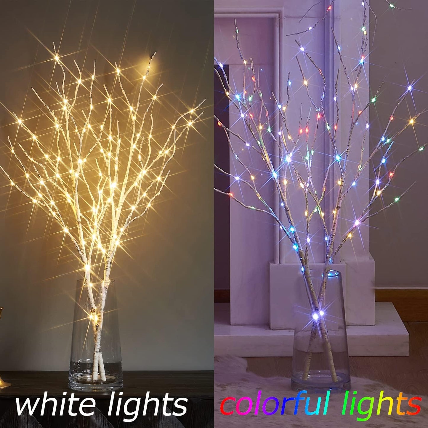 Fudios Lighted White Birch Branches with 100 Multicolor LED Fairy Lights 32in 8 Fuctions, Battery Color Changing Christmas Twig Lights for Vase Indoor Holiday Decoration