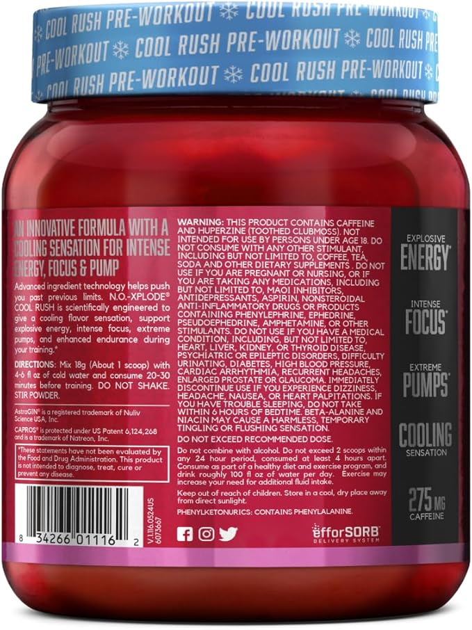 BSN N.O.-XPLODE Cool Rush Pre Workout Powder, Preworkout Energy Supplement for Men and Women with Creatine and Beta-Alanine, New Flavor: Cherry Lime Ice, 30 Servings