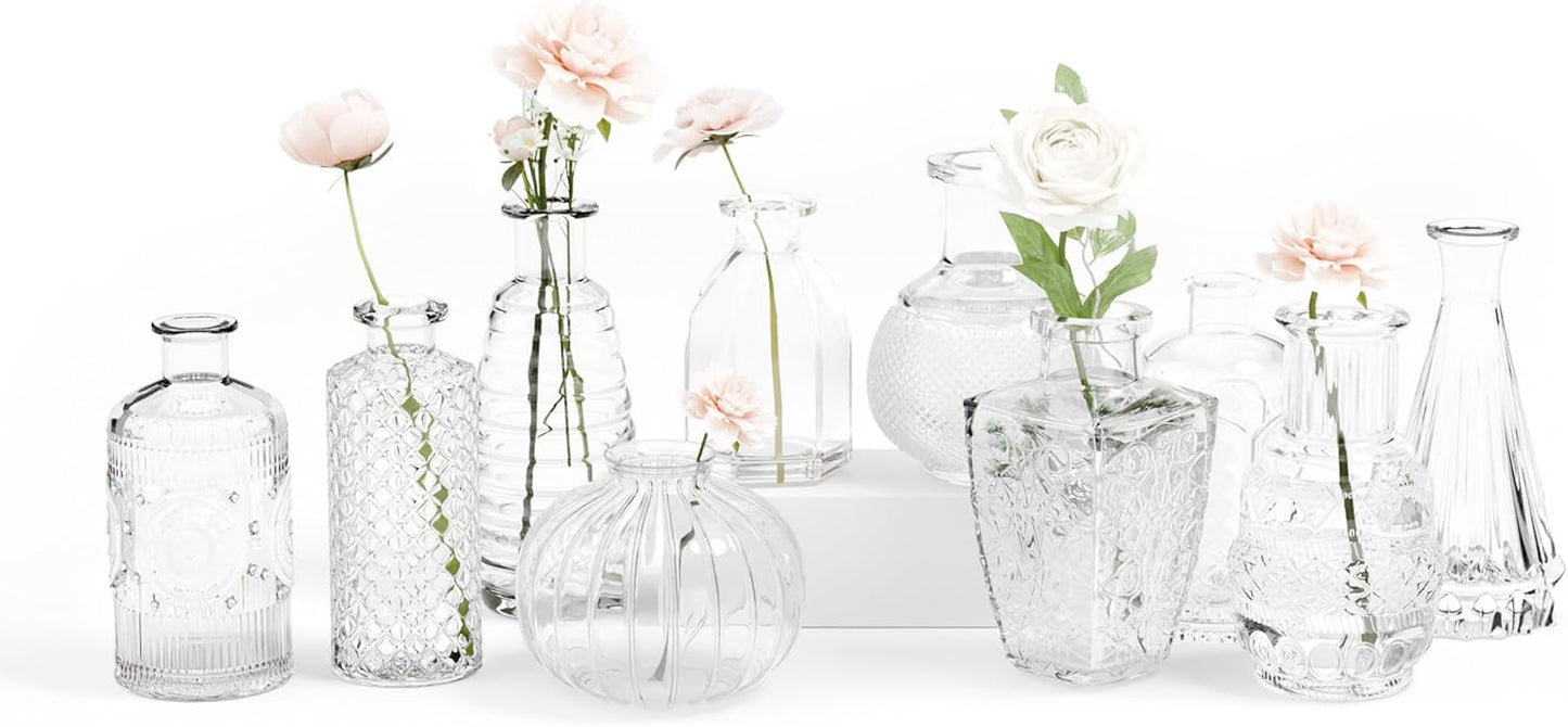 Gather & Bloom Creations Glass Bud Vases in Bulk – Set of 10 Mini Wedding Centerpiece Vases – Durable, Vintage-Inspired Clear Glass Vases for Flowers and Table Decor
