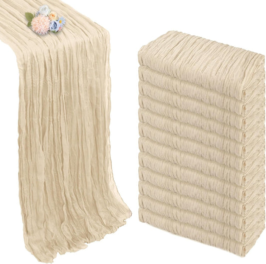 12 Pack Beige Cheesecloth Fall Table Runner 10ft Boho Gauze Fabric Cheese Cloth Table Runner 35 x 120 Inch Rustic Sheer Runner for Thanksgiving Wedding Decor Baby Shower Party Centerpiece Decoration
