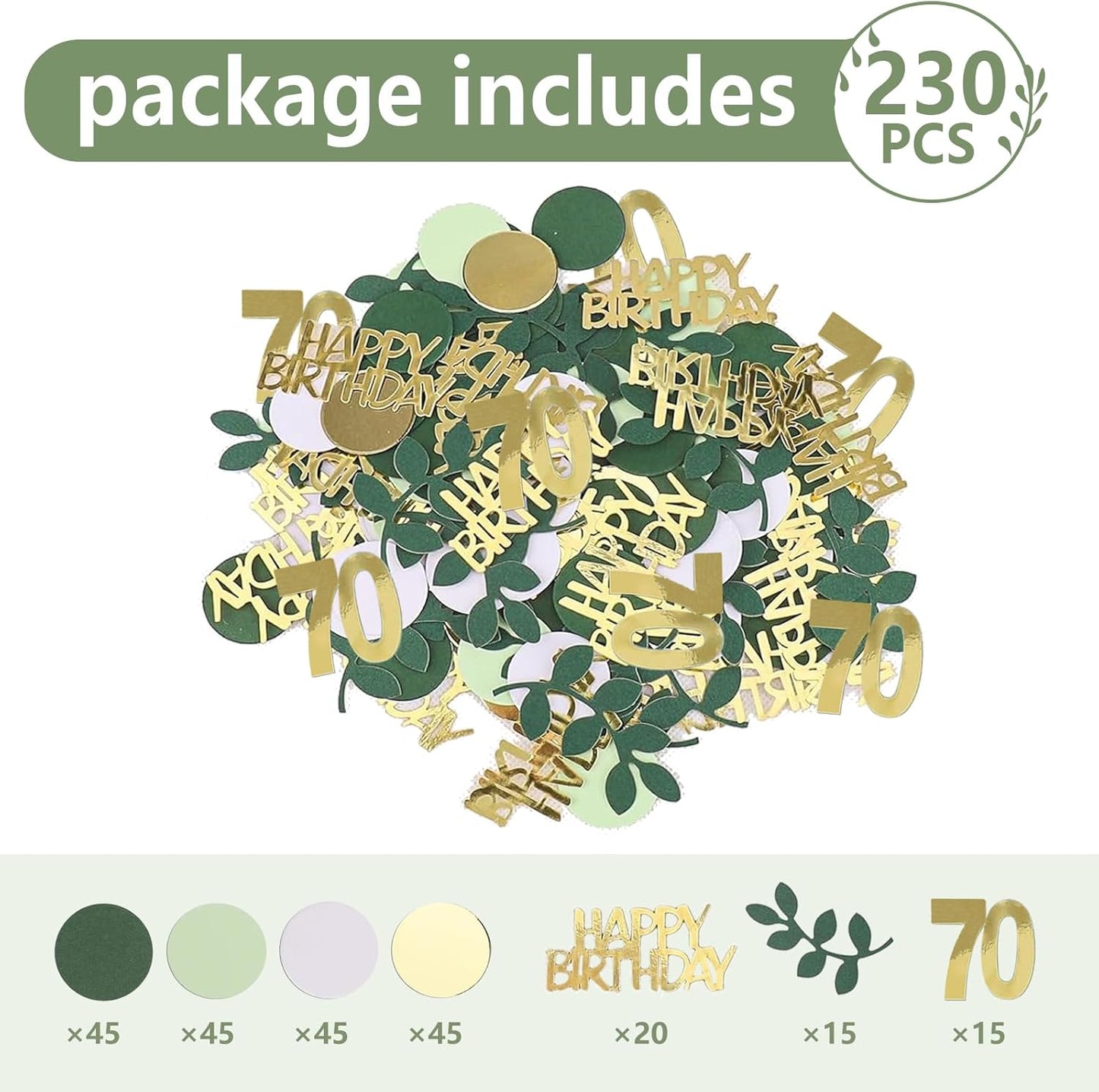 Sage Green 70th Happy Birthday Confetti, 70th Birthday Table Decorations Scatter Green Gold Foil Cake Confetti Decorations for 70 Bday Women Men Party Decor 230 Pcs