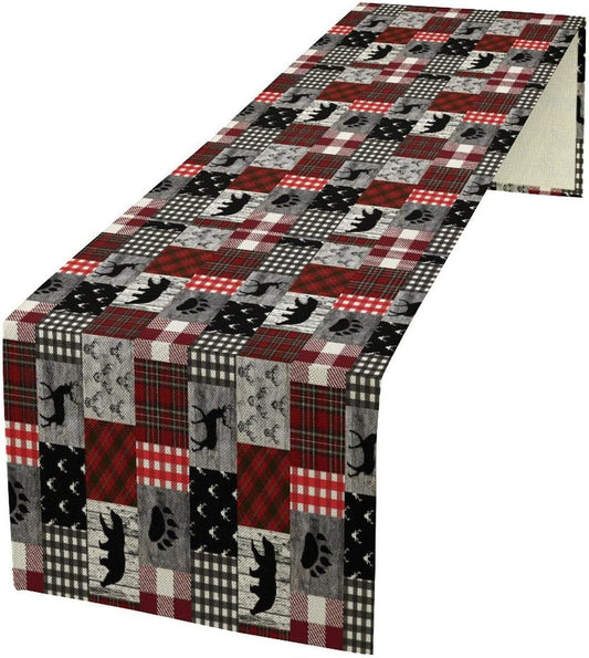 Rustic Farm Table Runner,Vintage Woodland Deer Bear Animal Buffalo Plaid Print Tablecloth Burlap for Hotel Indoors Outdoor Dining Room Kitchen Home Decor,W13X L60 in