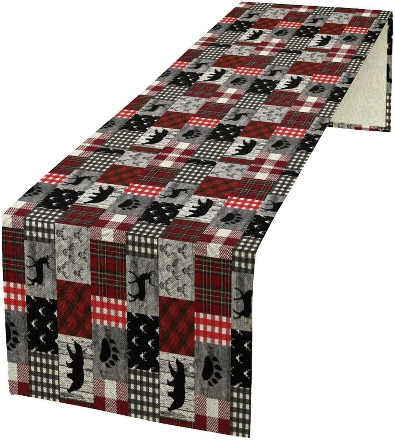 Rustic Farm Table Runner,Vintage Woodland Deer Bear Animal Buffalo Plaid Print Tablecloth Burlap for Hotel Indoors Outdoor Dining Room Kitchen Home Decor,W13X L80 in