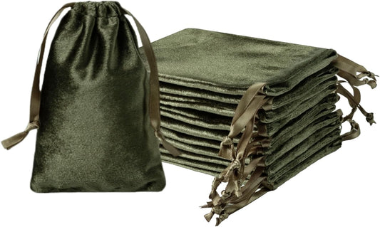 QIANF 12pcs Moss Green Velvet Drawstring Bags 4x6 inches Glossy Small Velvet Cloth Gift Bags Jewelry Pouches for Jewelry Storage Wedding Party Favor Christmas