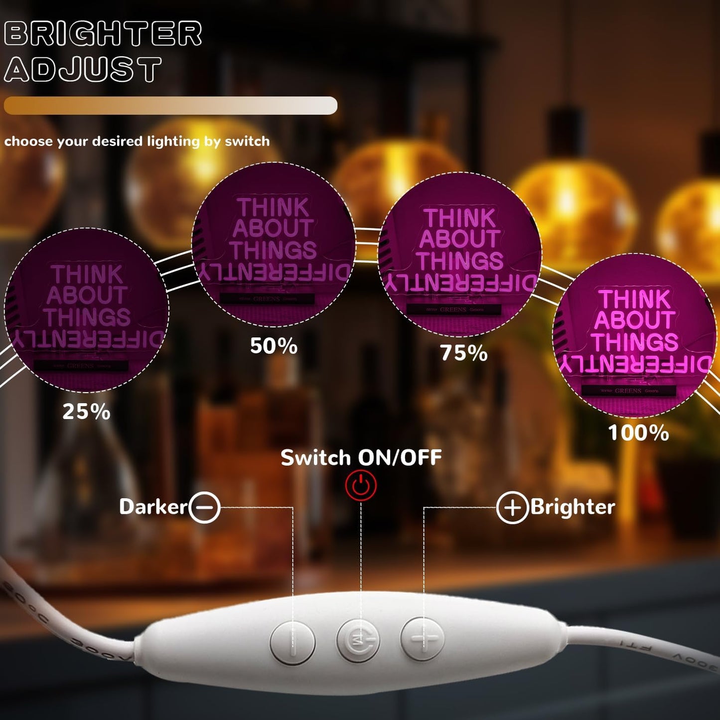 Think About Things Differently Neon Sign, Dimmable Office Neon Light, Pink Letter LED Light Up Sign for Classroom, Bedroom, Office, Study Room, Library Decoration