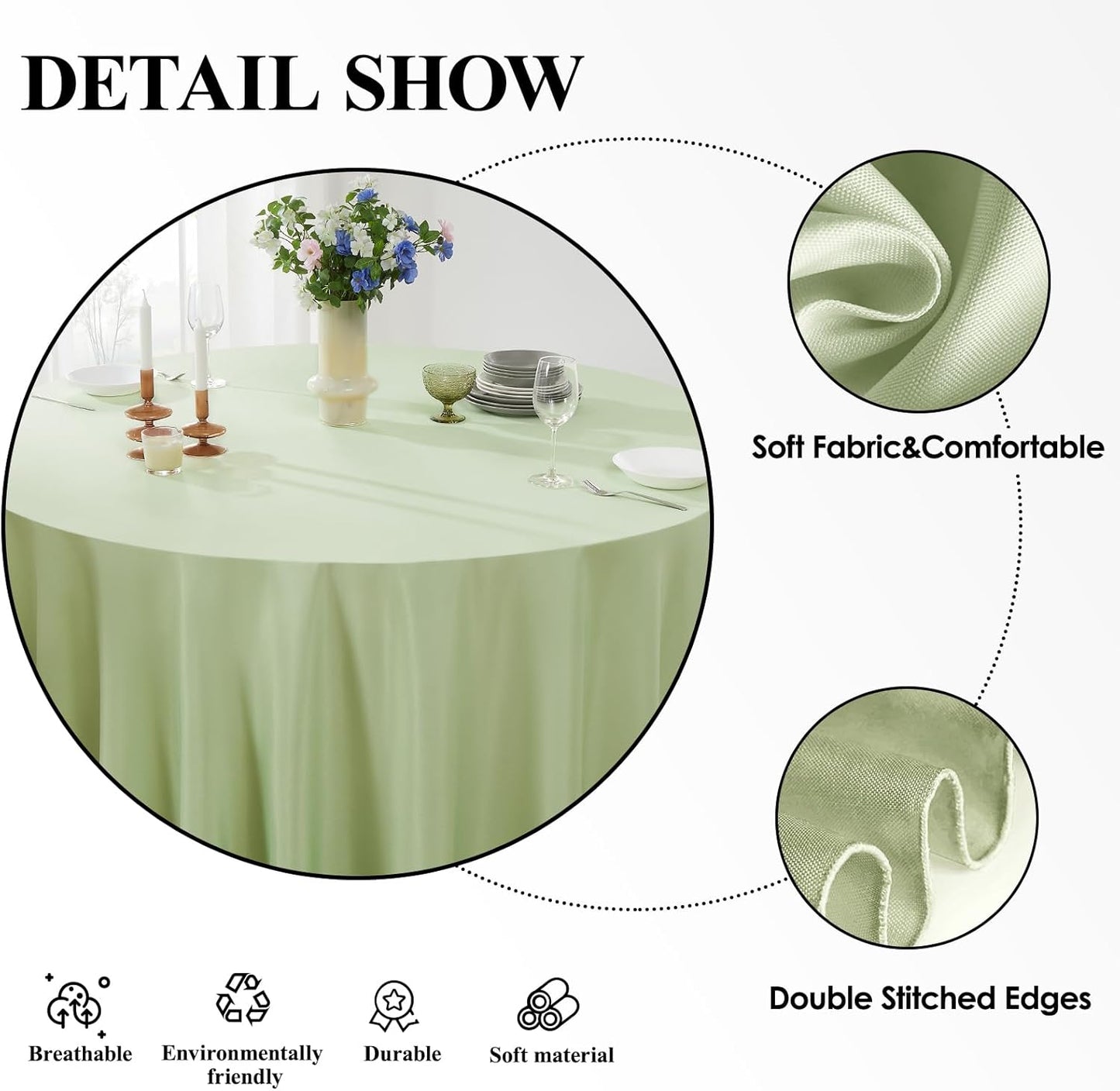 Round Tablecloth 132 Inch 6 Pack Sage Green Tablecloths Washable Decorative Linen Polyester Table Clothes Cover for Dining Table Banquets Buffet Parties and Wedding