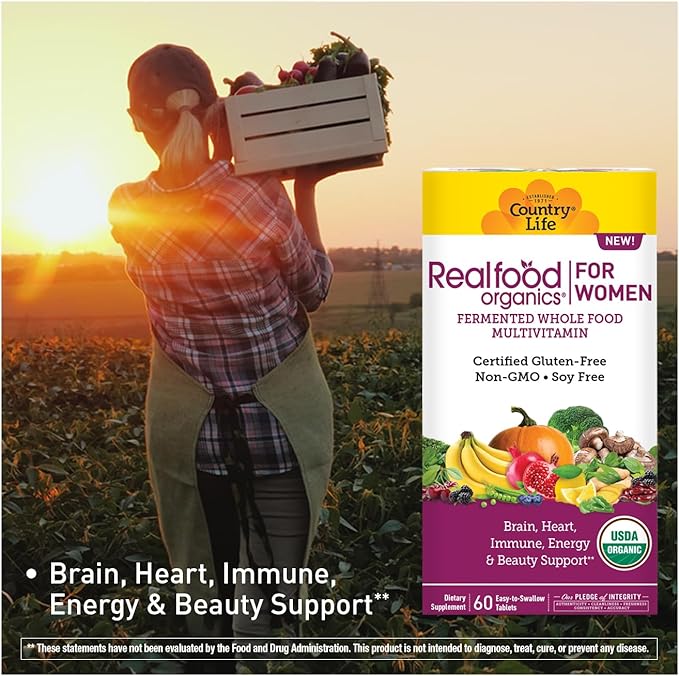 Country Life Realfood Organics Women’s Multivitamin – USDA Organic, Vegan, Gluten-Free – 1,300mg Fermented Whole Foods, Vitamins D, E, B, Folate & Biotin – Daily Energy & Beauty – 60 Tablets