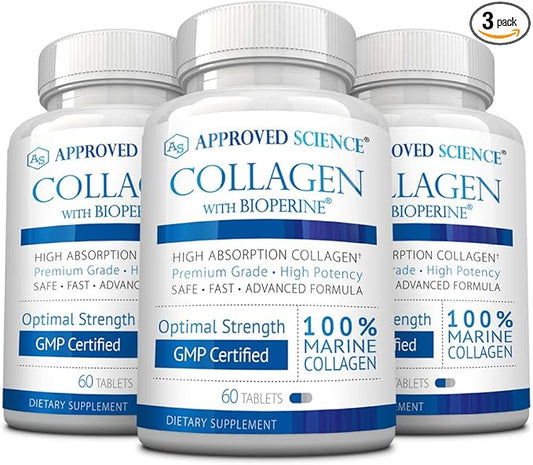 Approved Science Collagen Pills - Absorbable Marine Collagen Types I and III - 180 Tablets - Healthy Hair and Skin - Vitamin C, Sodium, and Bioperine for Fast Results - Non-GMO, Made in USA