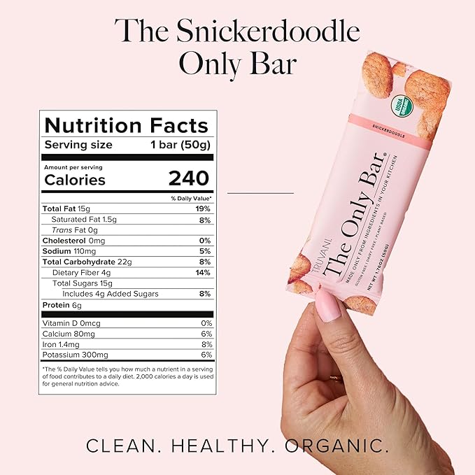 Truvani Plant Based Snack Bars | Snickerdoodle 12 Pack | 5g Protein | USDA Organic and Vegan | The Only Bar | Dairy, Soy, and Gluten Free | Individually Wrapped