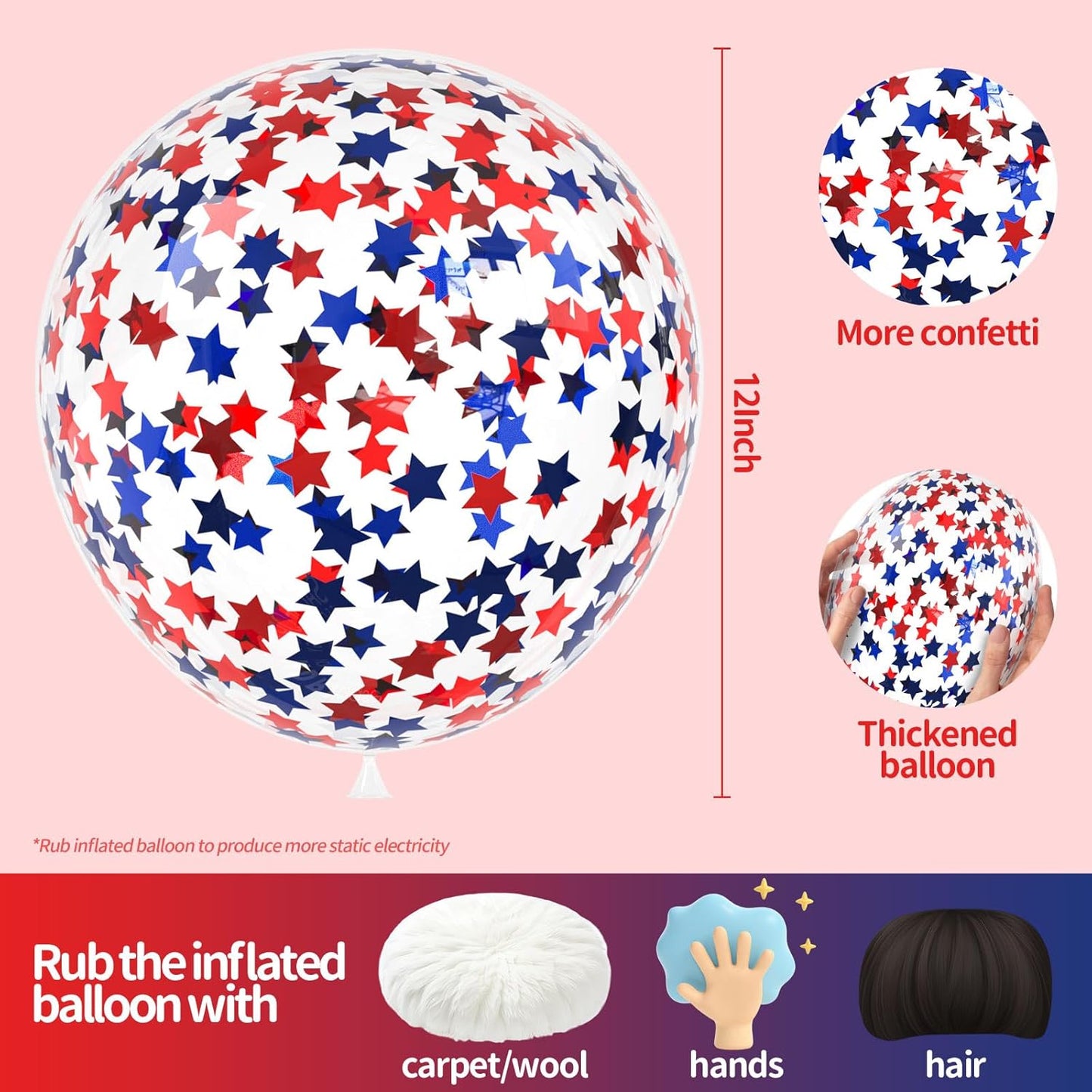 VHUWE 25 Pcs Blue Red Star Confetti Balloons, 12 Inch Clear Latex Balloon with Confetti Inside for 4th of July Decorations Birthday Party Baby Shower Graduation Engagement Decorations Supplies