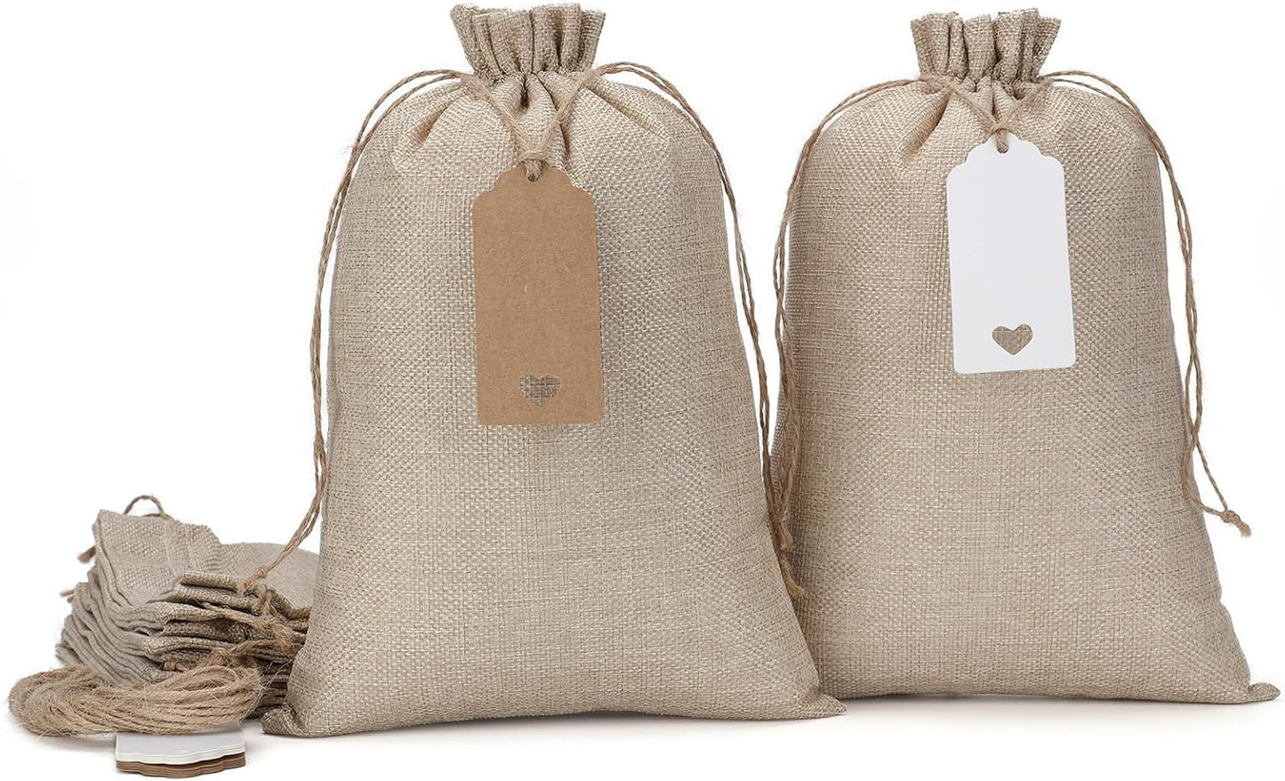 Tapleap Burlap Gift Bags with Drawstring - 10Pcs 8x12 Original Sacks with String and Tags for Wrapping Halloween Favors, Clothes, Toiletries, Breads, Mason Jars, For Birthday, Wedding