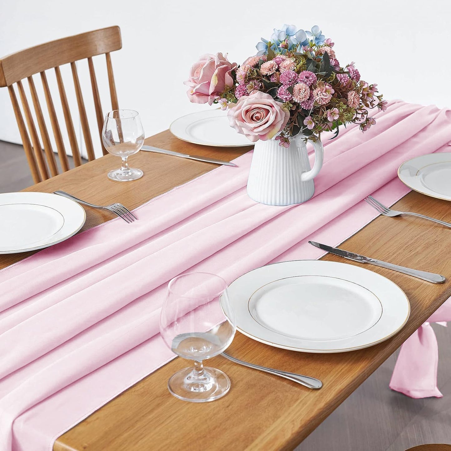 2 Pack 10Ft Blushing Pink Chiffon Table Runner Sheer 29x120 Inch for Romantic Wedding Decor Bridal & Baby Shower Birthday Rustic Party Decoration