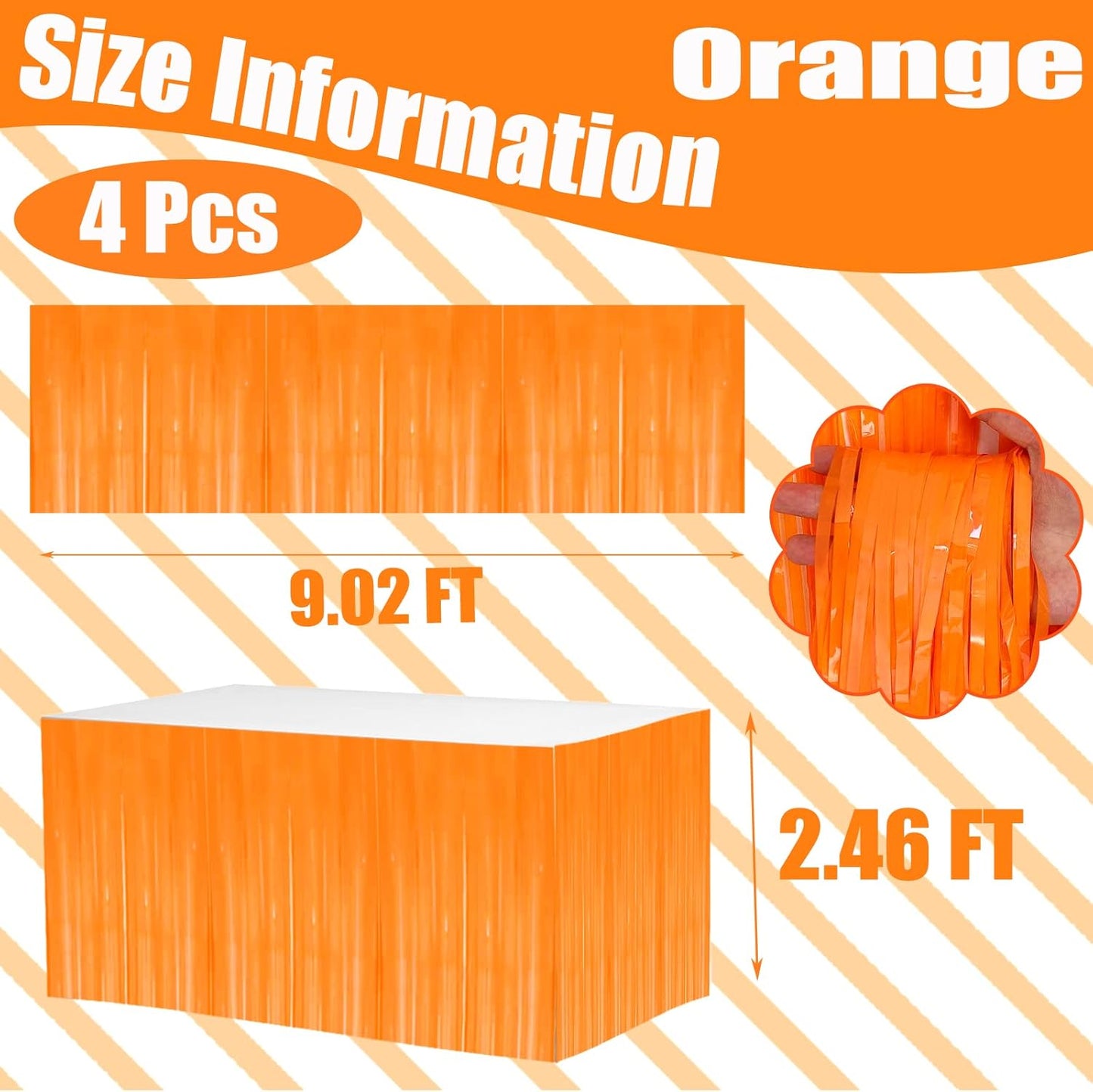 4 Pack 29x108 Inch Metallic Foil Fringe Tinsel Table Skirts for Rectangle Tables Streamer Backdrop for Wedding, Birthday, Parade Floats, Christmas, Halloween Party Decoration(New Orange)