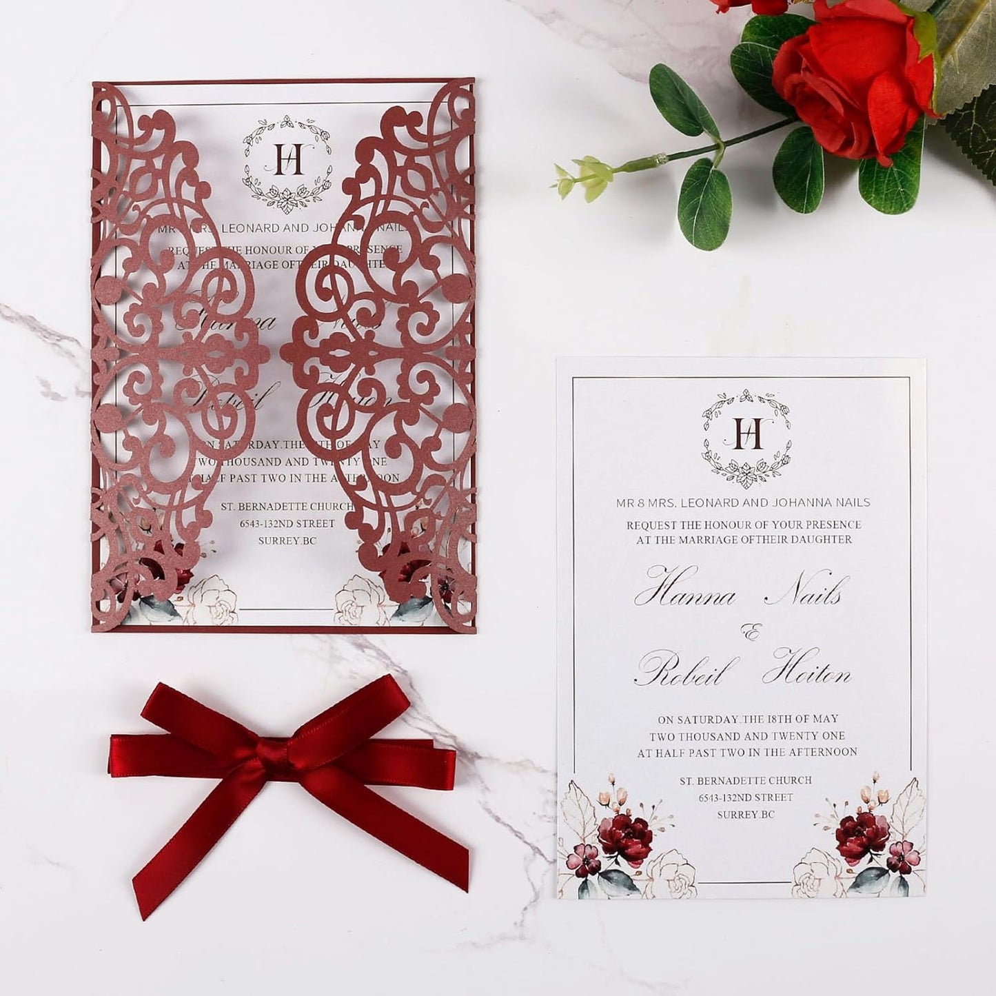 50pcs Burgundy Wedding Invitation Cards Pocket with Envelope Blank Inner Sheets Ribbons laser Cut invitations for Wedding Bridal Shower QuinceañEra Engagement Birthday Invites