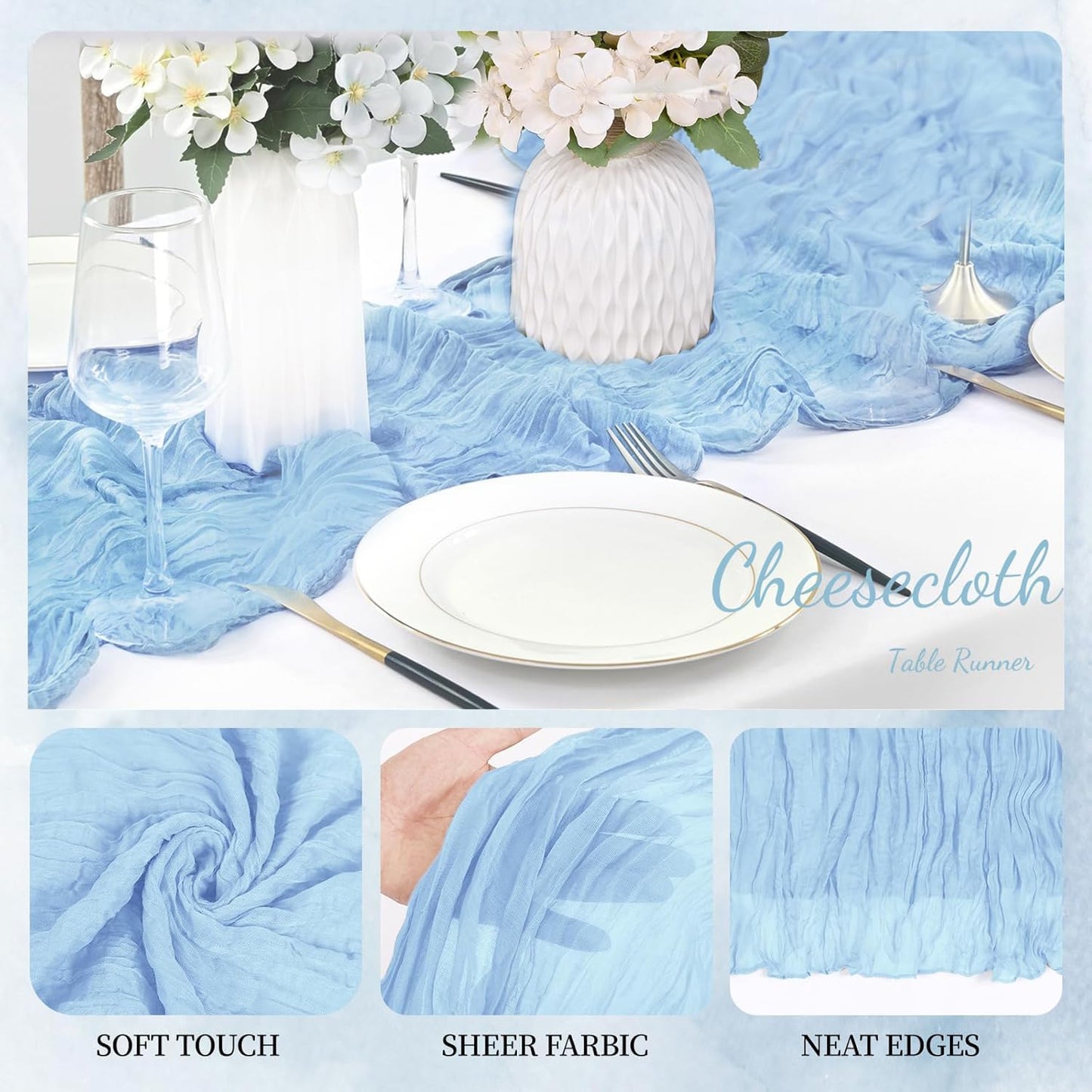 6 Pack Baby Blue Cheesecloth Table Runner 23x120 inch Rustic Boho Gauze Table Runner 10 FT Long Sheer Cheese Cloth Fabric Table Runners for Romantic Wedding Bridal Shower Birthday Party Decor
