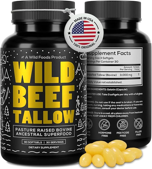 Wild Foods Grass-Fed Beef Tallow Capsules | 3,000mg Per Serving | Pure Ancestral Nutrition for Skin, Hormones, and Energy | Keto, Paleo & Carnivore Diet Approved | 30-Day Supply