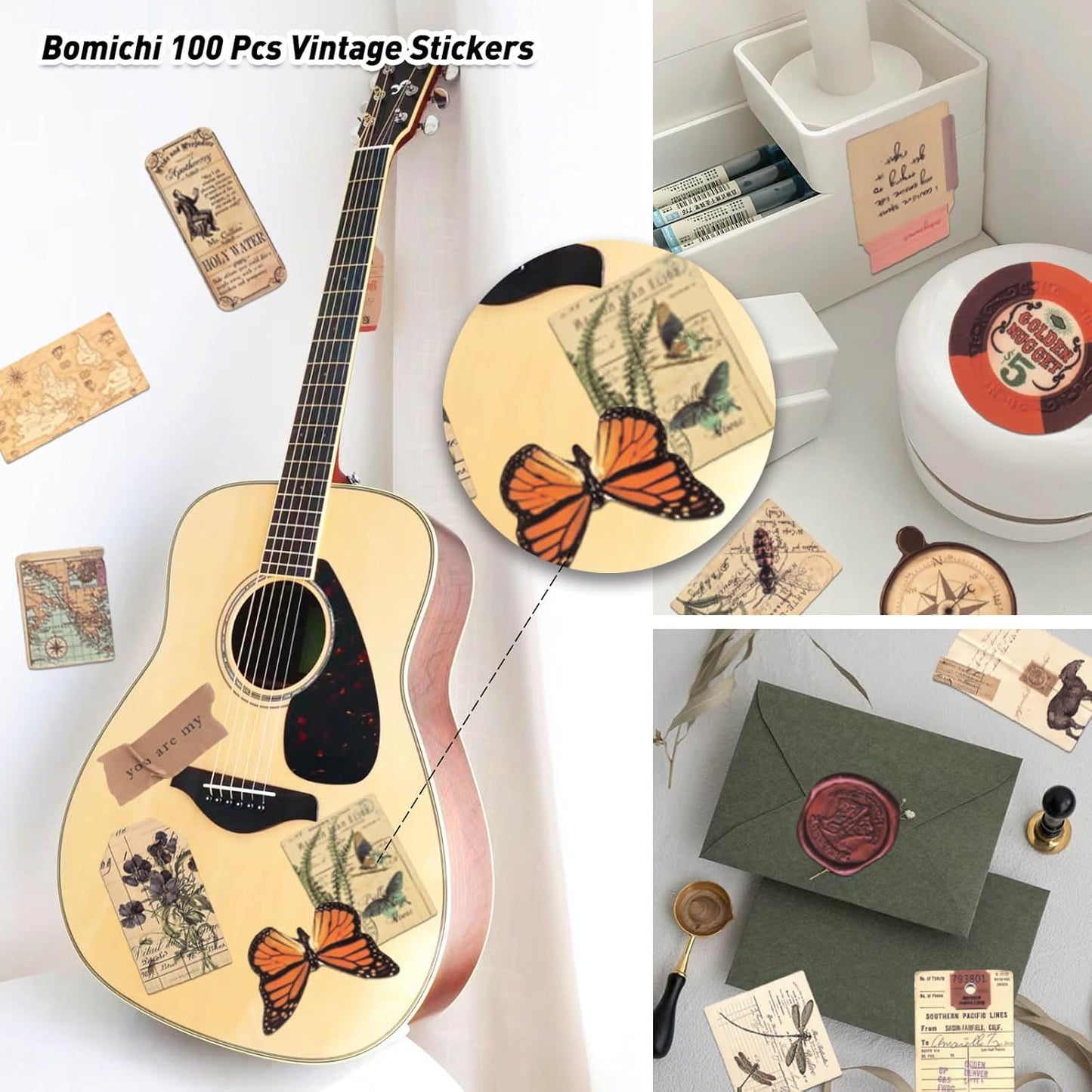 100 Pcs Vintage Stickers, Aesthetic Waterproof Decals for Water Bottle Laptop Computer Skateboard Bumper, Vsco Butterfly Vinyl Stickers for Kids Teens Girls