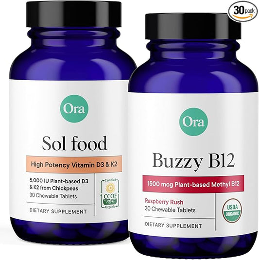 Ora Organic Vitamin D3 5000IU + K2 & Vitamin D3 2000IU Bundle: Vegan Vitamin D from Lichen and K2 from Chickpeas, 30 Chewable Tablets + Vegan Vitamin D from Lichen for Bone Health, 30 Vegan Tablets