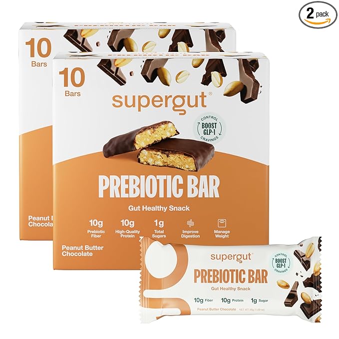 Supergut GLP-1 Boosting Prebiotic Bars, Peanut Butter Chocolate - Gut Healthy Protein Snacks & Breakfast Bars - Keto-Friendly Meal Replacement Energy Bars for Gut Health (2 Pack - 20 Count)