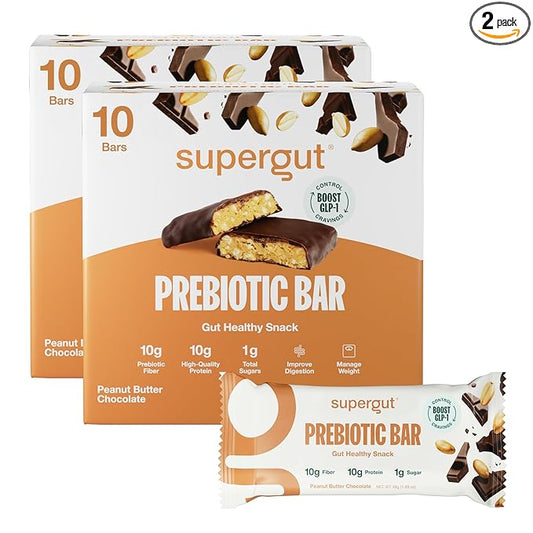 Supergut GLP-1 Boosting Prebiotic Bars, Peanut Butter Chocolate - Gut Healthy Protein Snacks & Breakfast Bars - Keto-Friendly Meal Replacement Energy Bars for Gut Health (2 Pack - 20 Count)