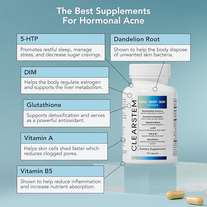 CLEARSTEM - MINDBODYSKIN Hormonal Acne Supplement (5-HTP) - Natural DIM Supplement - Skin Care Vitamins - Hormone Balance, Antioxidants - Gluten Free, Cruelty Free - 60 Servings, 180 Capsules