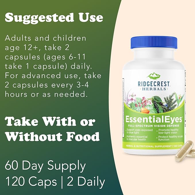 Ridgecrest Herbals EssentialEyes, Natural Eye Vitamin Supplements, Contains Lutein, Zeaxanthin, Bilberry Extract, Supports Eye and Vision Health (120 Vegan Caps, 30 Serv)