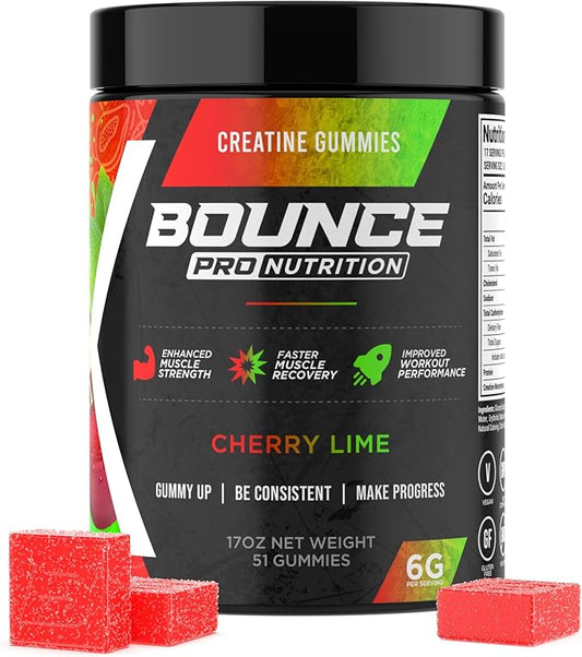 Bounce Pro Creatine Monohydrate Gummies for Men & Women, Low Calorie, 6G of Creatine per Serving, Vegan, Anti-Melting, Gluten-Free, Non-GMO, 2g of Creatine per Gummy (51ct, Cherry Lime)
