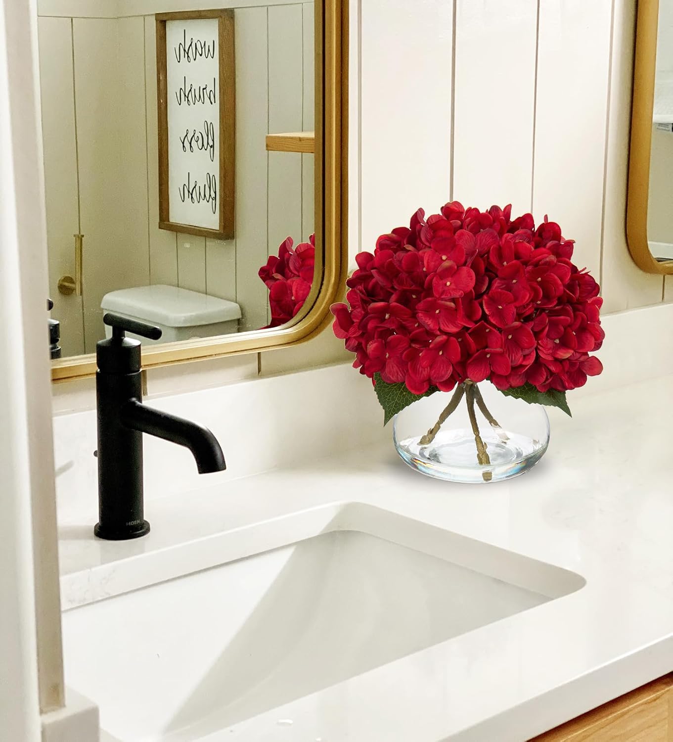 Hollyone Hydrangea Artificial Flowers in Vase Red Silk Fall Fake Flowers Arrangements with Glass Vase with Faux Water Faux Floral Bulk Bouquet for Office Table Centerpiece Shelf Home Decorations