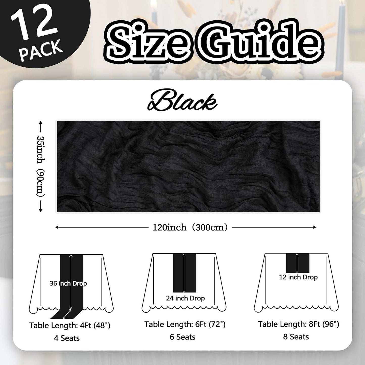 12 Pack Halloween Table Runner Black Cheesecloth 10ft Boho Gauze Fabric Cheese Cloth Table Runner 35 x 120 Inch Rustic Sheer Runner for Wedding Decor Baby Shower Party Table Centerpiece Decoration