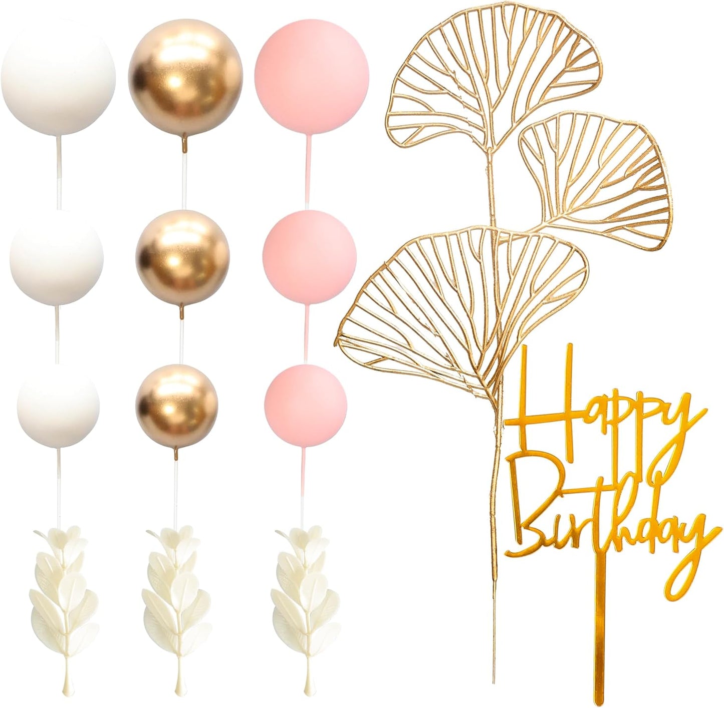 Gyufise 57Pcs Balls Cake Topper Boho Grass Cake topper Pearl Balls Acrylic Happy Birthday Cake Decorations for Wedding Baby Shower Birthday Boho Themed Party Supplies Pink