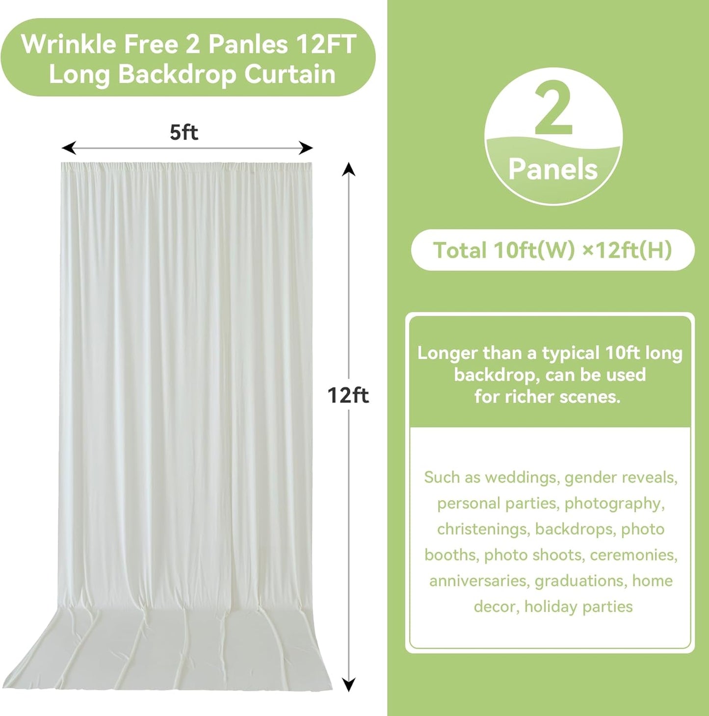 10ftx12ft Wrinkle Free Ivory Backdrop Curtain, 2 Panels 12FT Height Ivory Wedding Backdrop Drapes, Silky Polyester Back Drop Cloth for Birthday Photography Background Party Backdrop Draping