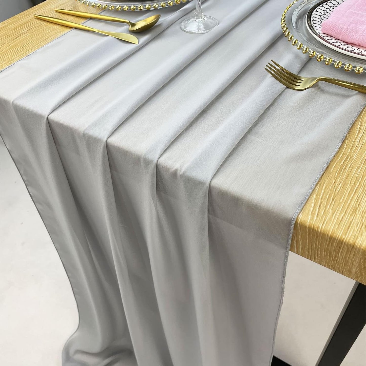 EHLDekol 13ft Light Grey Chiffon Table Runners, 29x156 Inches Romantic and Rustic Boho Wedding Runner, Sheer Bridal Party Decorations