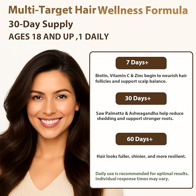 Hair Growth Supplement for Women & Men – Biotin 3000mcg, Collagen, Saw Palmetto & Ashwagandha – Thicker, Fuller Hair Support – Vitamins C, D3, E & Zinc – 30 Capsules – 1 a Day