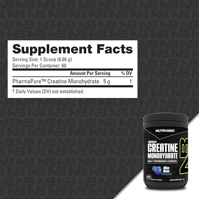 NutraBio Pure Micronized Creatine Monohydrate Powder Supplement, Blue Razz Burst(300 g) - Supports Bulk Muscle Energy, Recovery, and Strength - HPLC Tested Creatine Powder Supplement for Men and Women