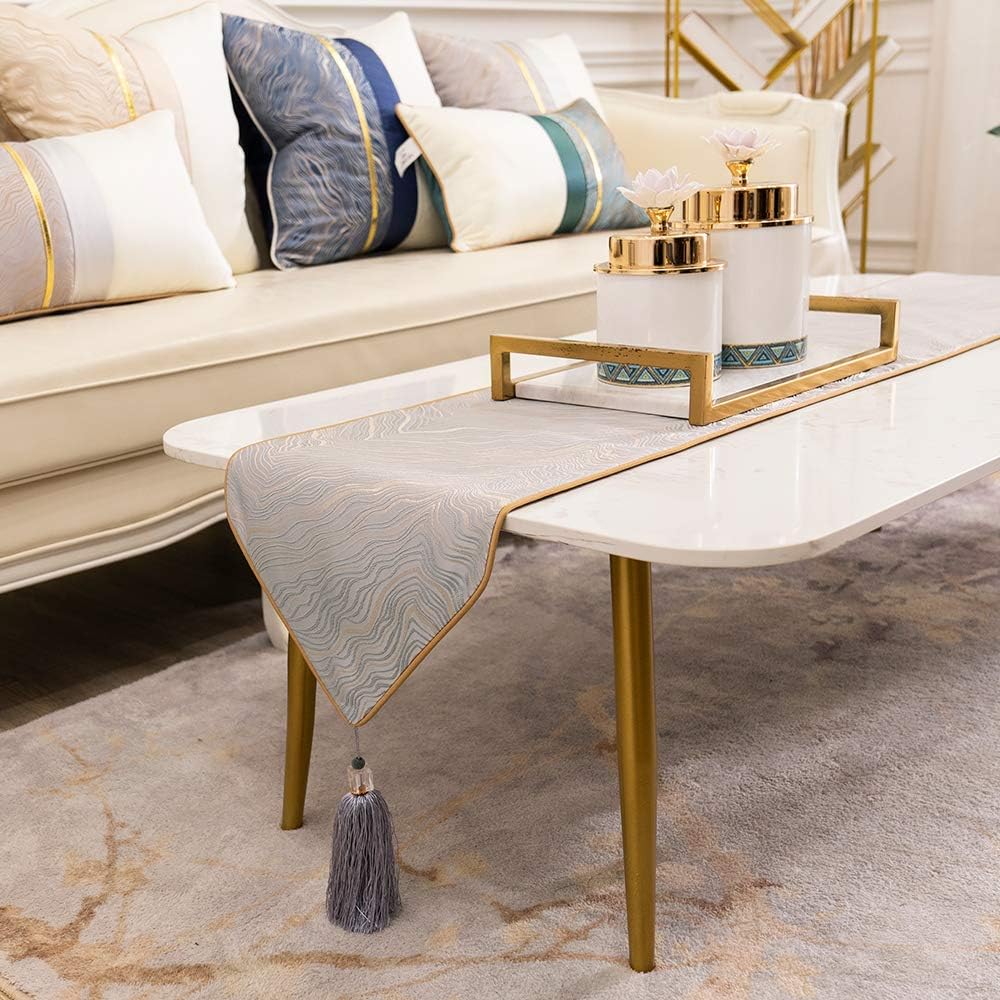 Avigers 12 x 59 Inch Decorative Luxury Abstract Striped Silver Gray Table Runners with Tassels for Home Living Room Bedroom Art Decor Wedding