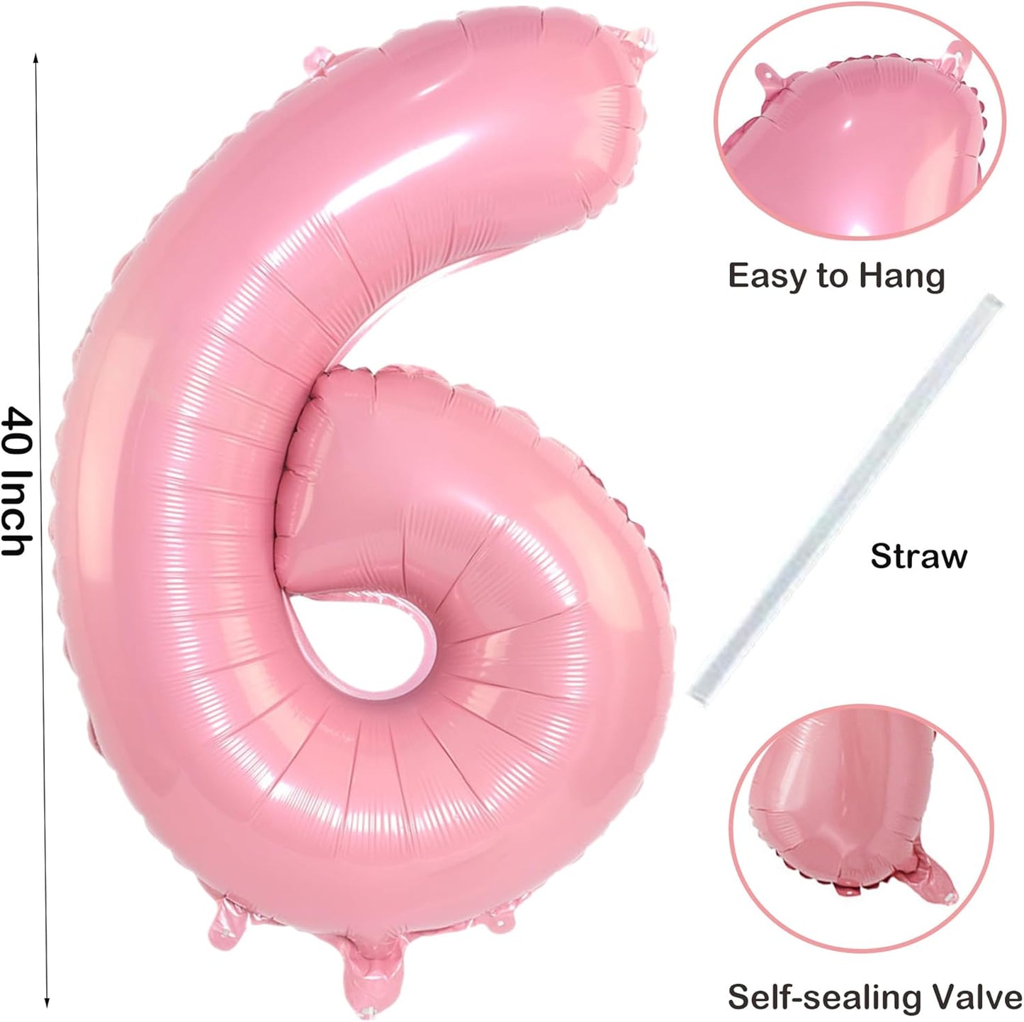 Light Pink Number 6 Balloon 40 Inch Big Self Inflating Foil Number Balloons 0-9, Pastel Pink Digital 6 Helium Balloon for 6th 16th Girls Birthday Party Graduation Anniversary Princess Party Decoration