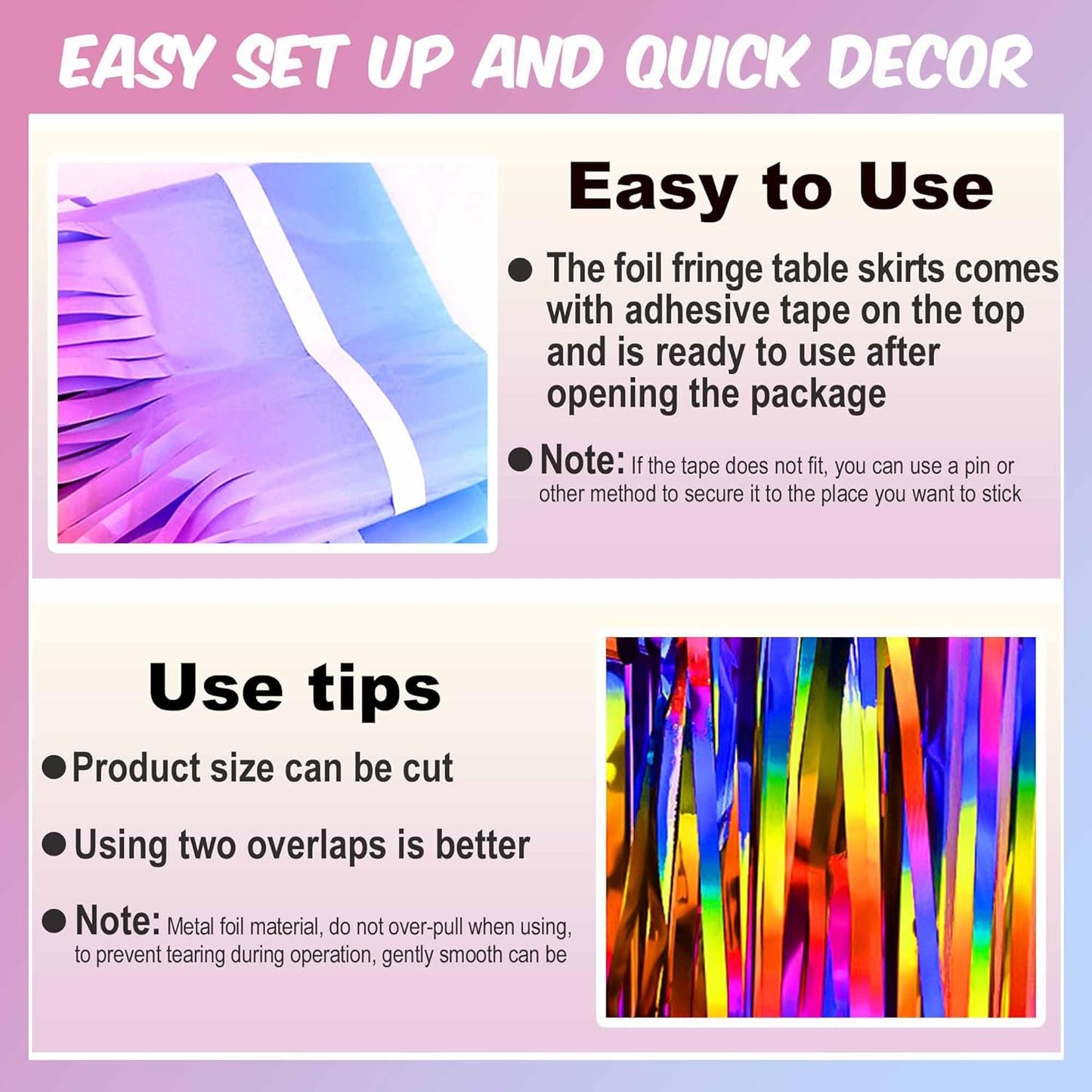 3 Pack Rainbow Foil Fringe Table Skirts Metallic Tinsel Streamers Garland Banner Backdrop for Table Decor, Parade Float, Birthday, Wedding, Halloween, Christmas Party Decorations(29x108 In)