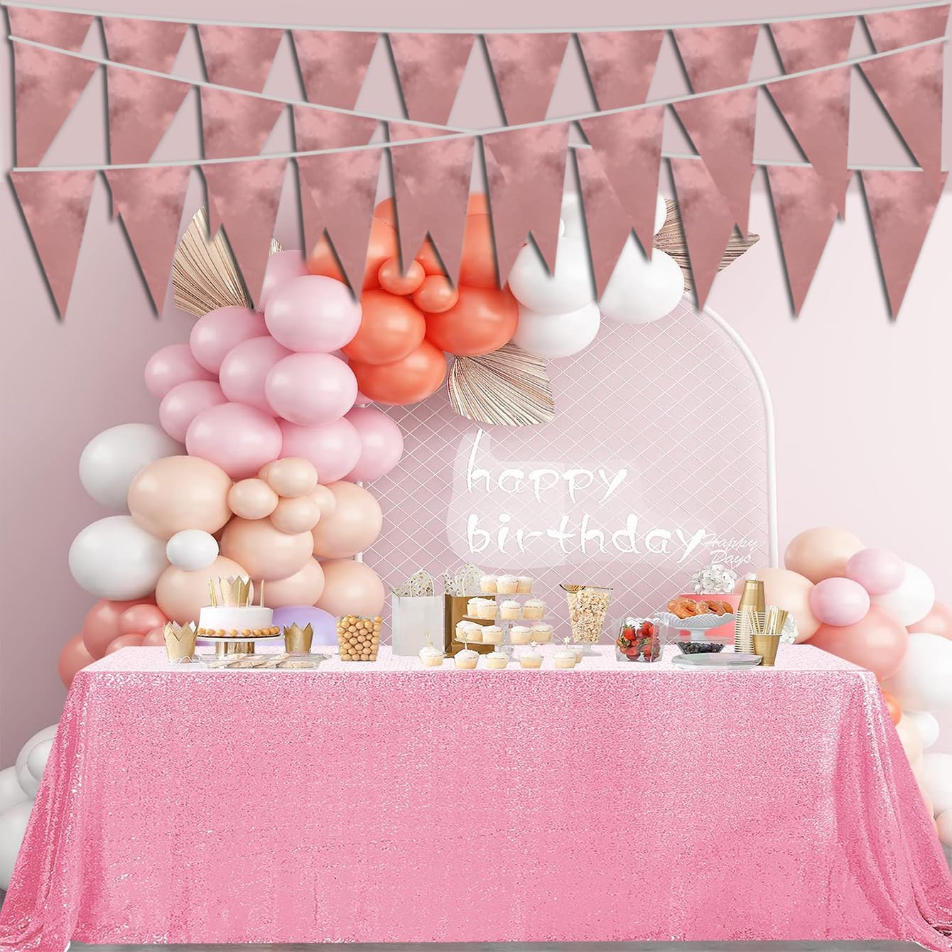 20M/65FT Rose Gold Triangle Pennant Banner Flag Metallic Fabric Bunting Garland for Christmas Wedding Birthday Anniversary Bridal Shower Engagement Graduation Hen Party Decorations Supplies