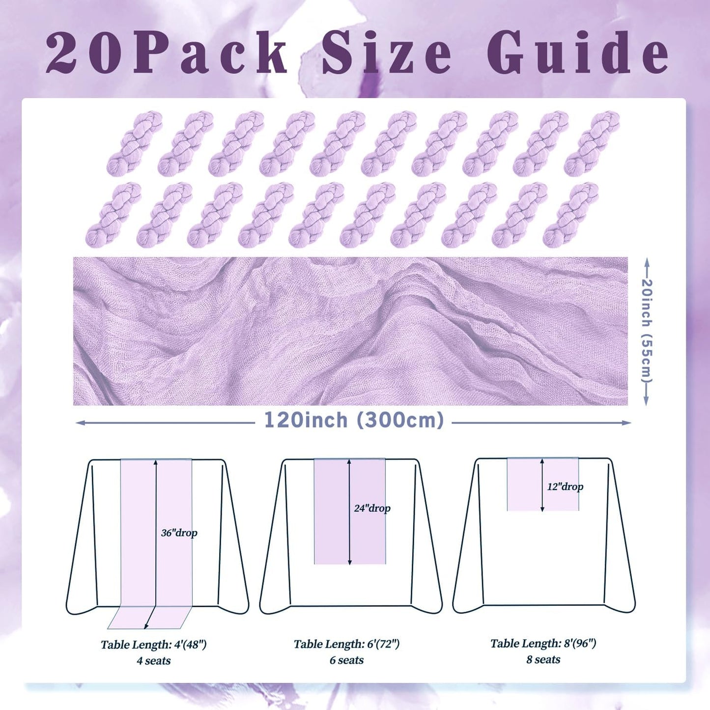 20 Pack Lilac Cheesecloth Table Runner 10FT Rustic Gauze Cheese Cloth Table Runner for Wedding 20 x 120 Inch Long Bridal Baby Shower Table Decor Boho Fabric Sheer Birthday Party Table Decorations