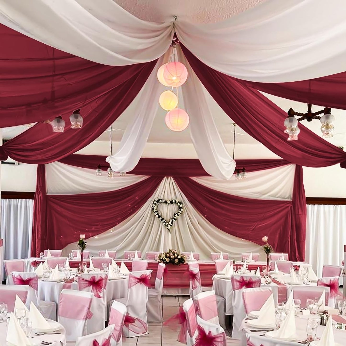 6 Panels Burgundy Wedding Ceiling Drapes 5ftx10ft Ceiling Drapes Chiffon Fabric Arch Draping Sheer Curtains Soft Drapery Draping Wedding Ceiling Decorations for Party Ceremony Stage Swag