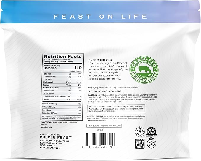 Muscle Feast Hydrolyzed Whey Protein Powder, Grass Fed and All Natural Hormone-Free, Hydro Whey Powder for Men and Women, Gluten Free, Non-GMO, Delicious Hydrolyzed Protein Powder, Unflavored, 5lb