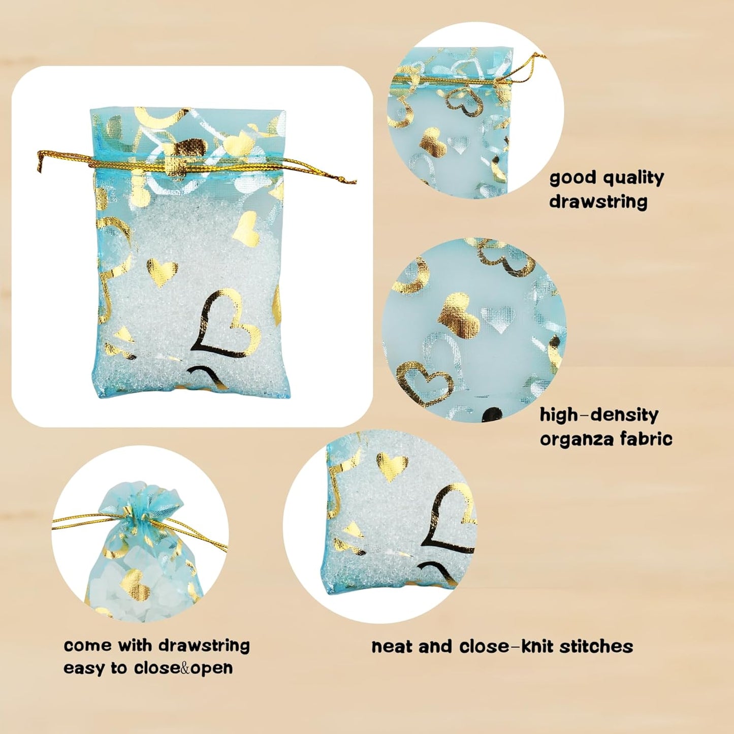 QIANHAILIZZ 100 Pack 2.8 x 3.5 Inch Flower Heart Organza Jewelry Gift Pouch Candy Pouch Drawstring Wedding Favor Bags B511S (turquoise gold heart)